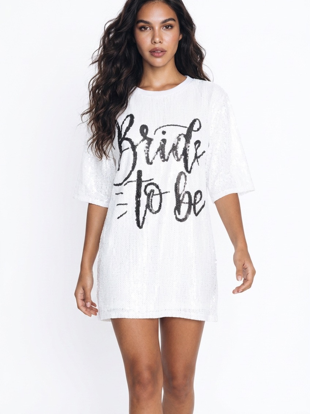 WHY DRESS | NEW White Sequin 'Bride to Be' T-Shirt Dress Women’s One Size